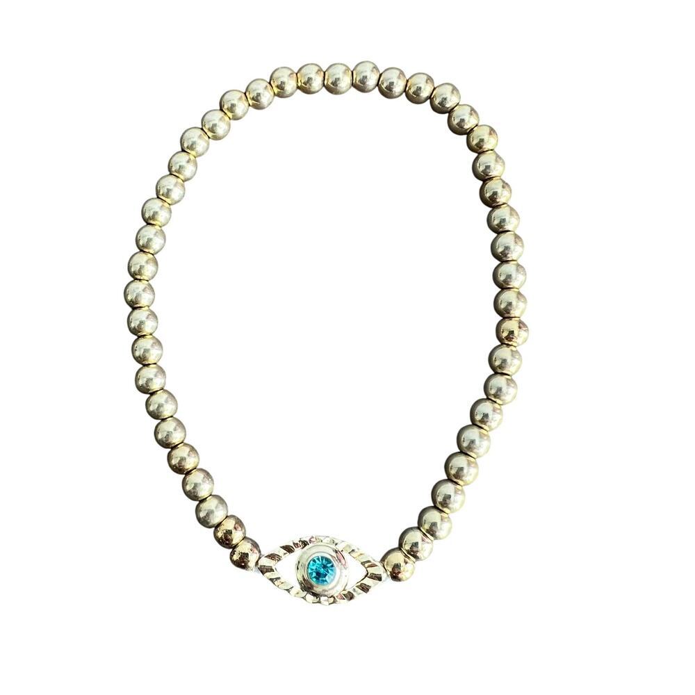 Signed gold beaded blue jewel evil eye protection stretch bracelet